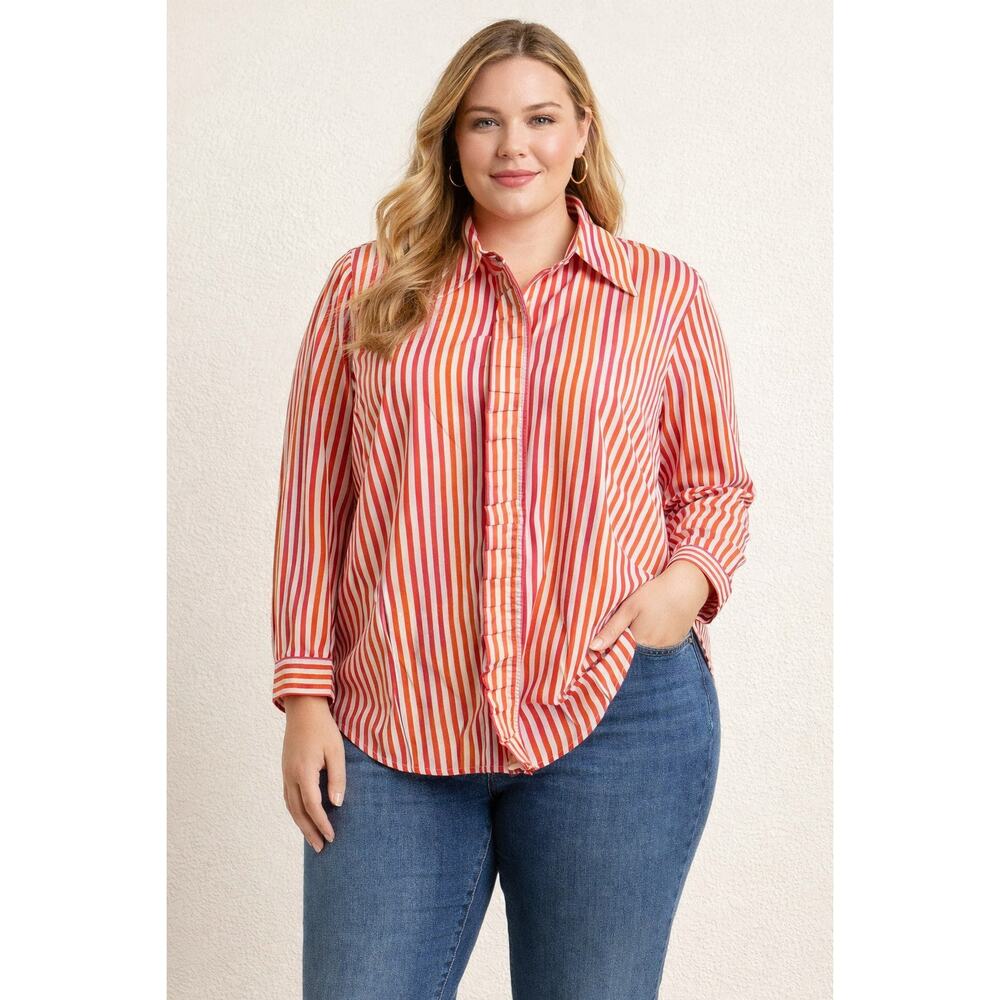 Jones New York 2X Striped Ruffle Button Up Blouse Cotton